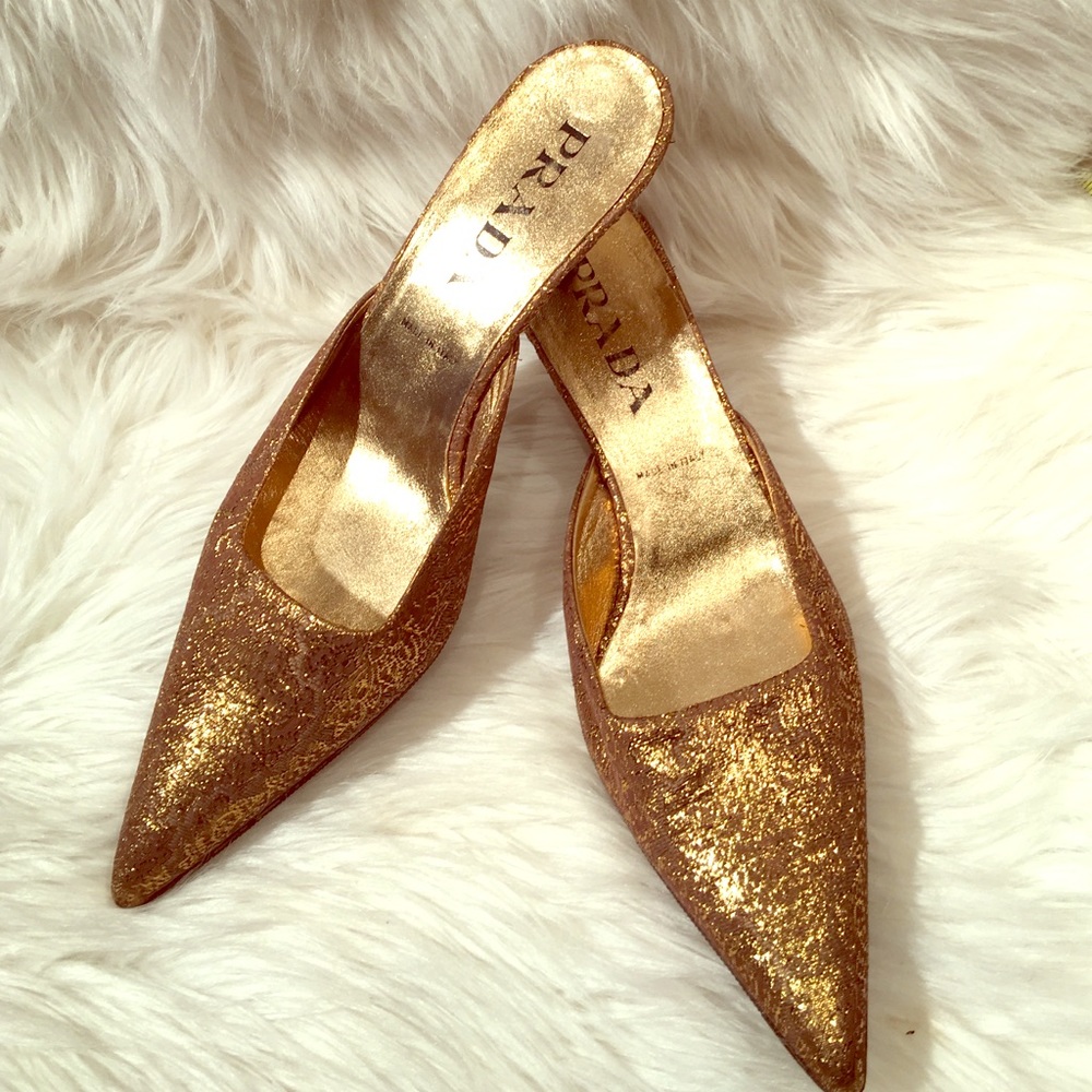 Prada Gold Metallic Fabric Pointed Mules - image 1